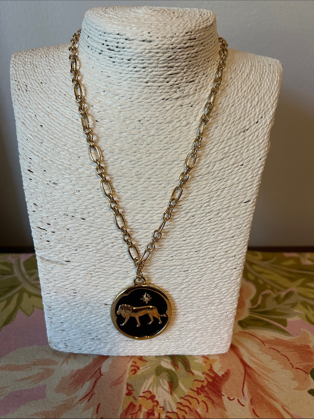 Gold-Tone Black Medallion Lion Pendant Necklace